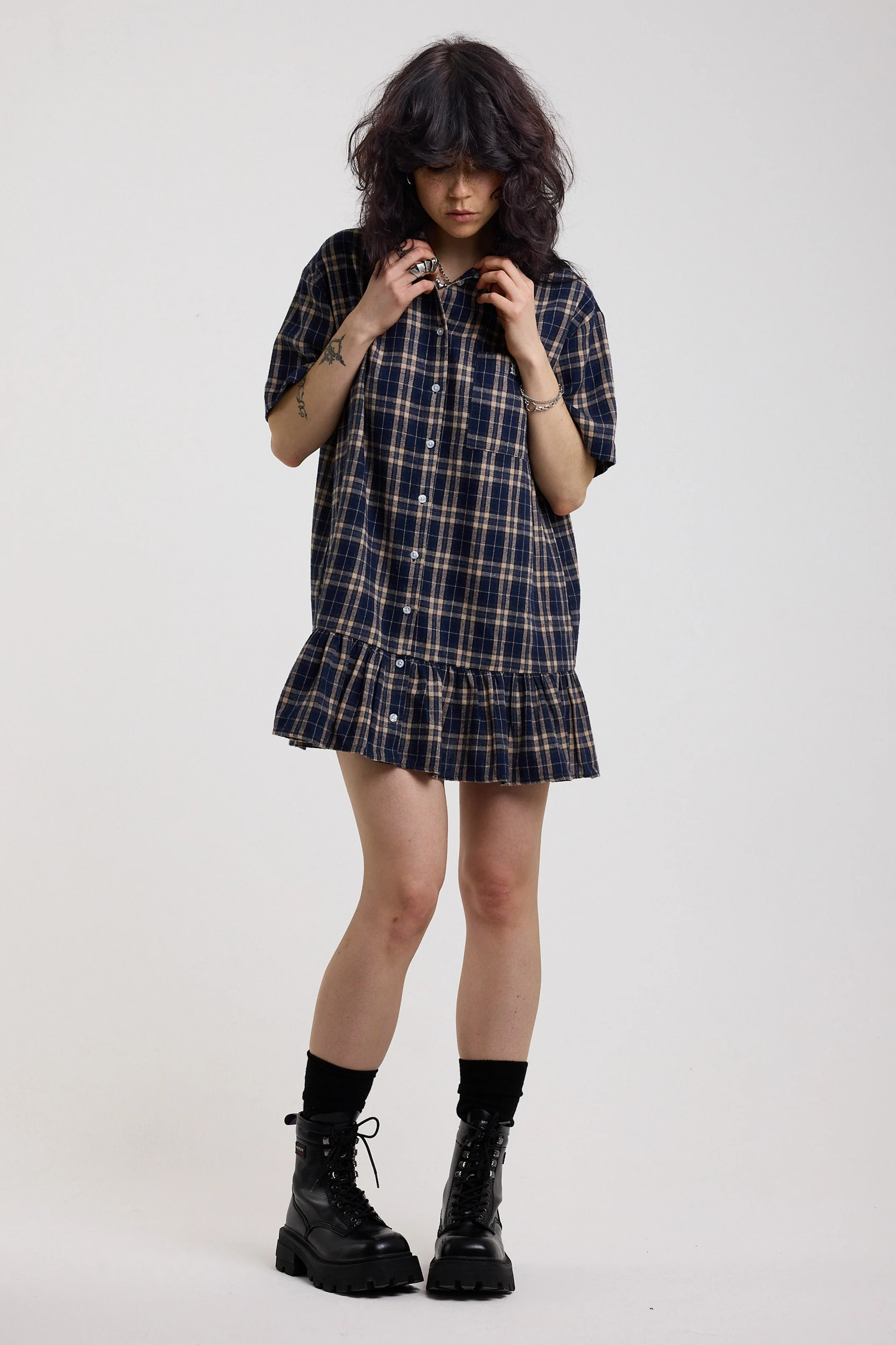 Drill Tartan Check Drop Waist Mini Dress - Image 4