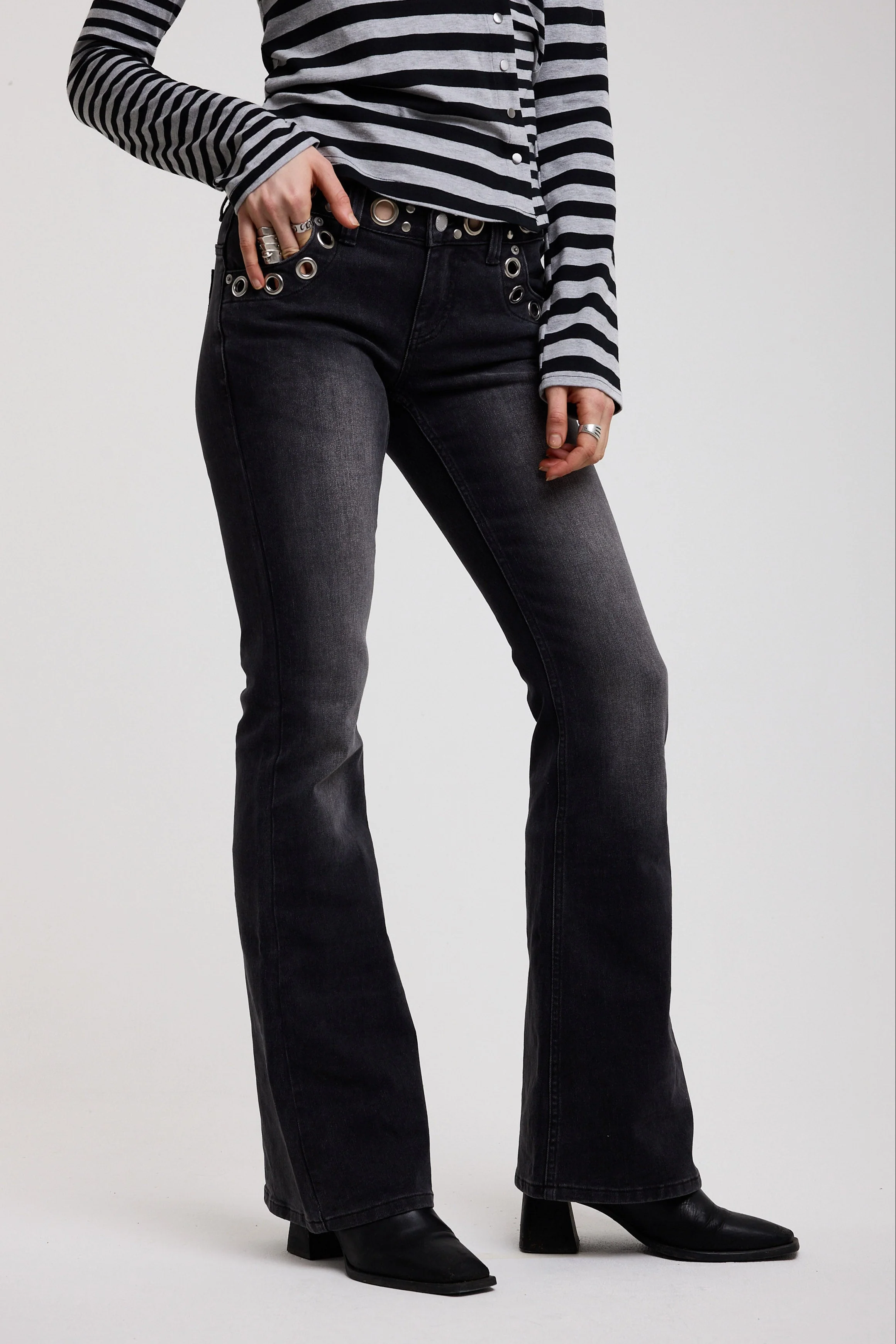 Grade Black Low Rise Eyelet Flare Jeans - Image 3