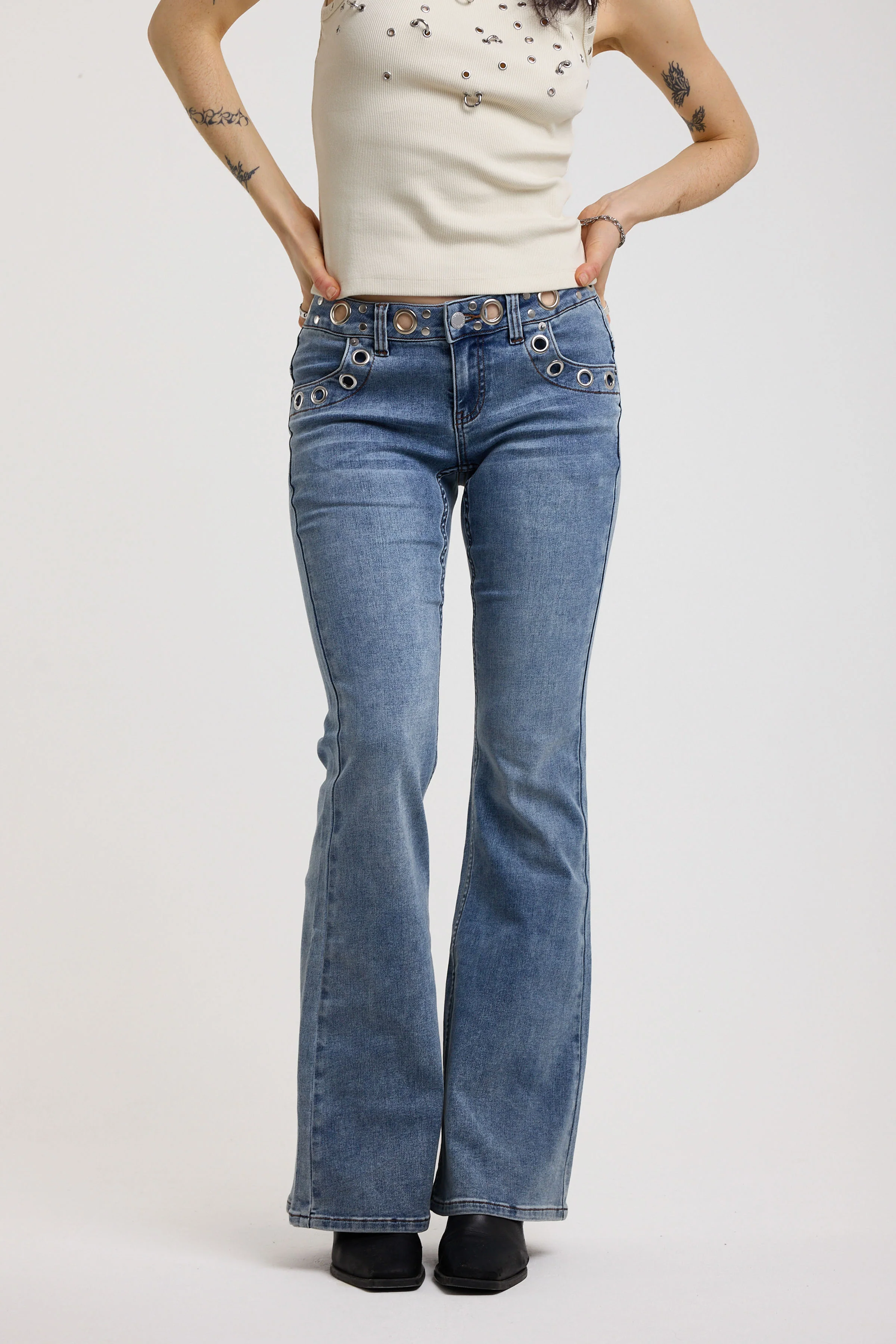 Grade Mid-Blue Low Rise Eyelet Flare Jeans - Image 6