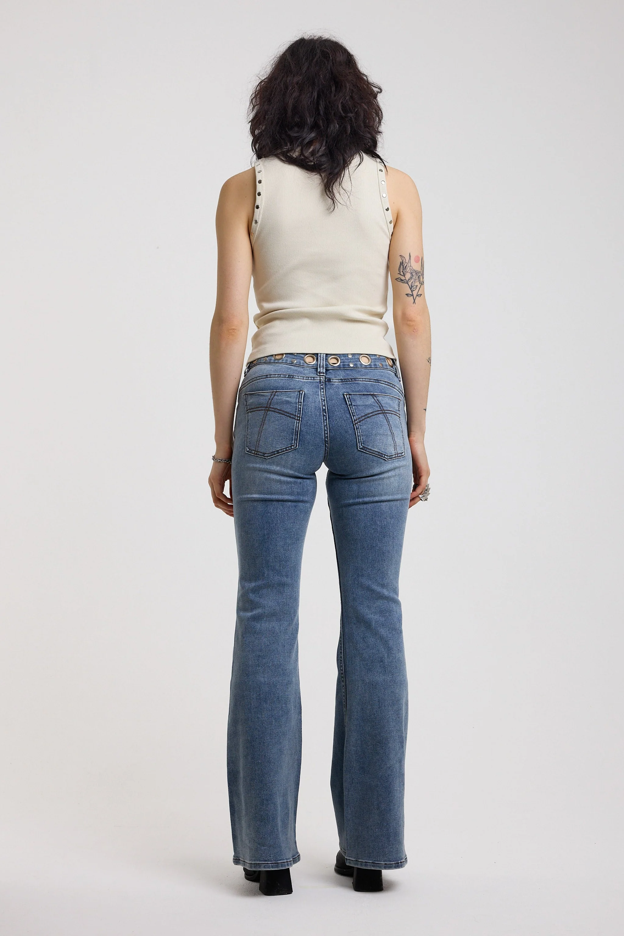 Grade Mid-Blue Low Rise Eyelet Flare Jeans - Image 8