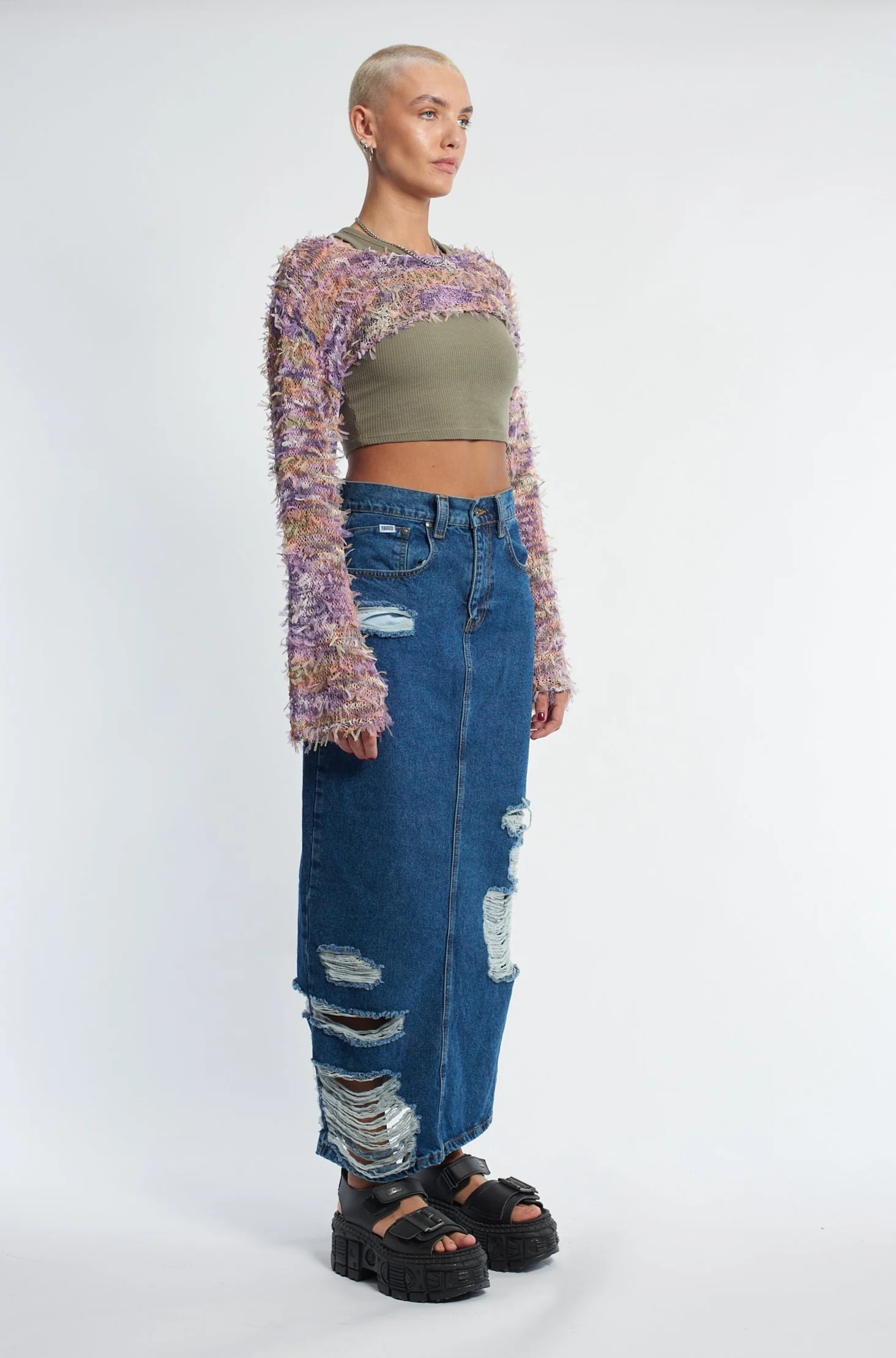 Shredder Distressed Denim Maxi Skirt - Image 10