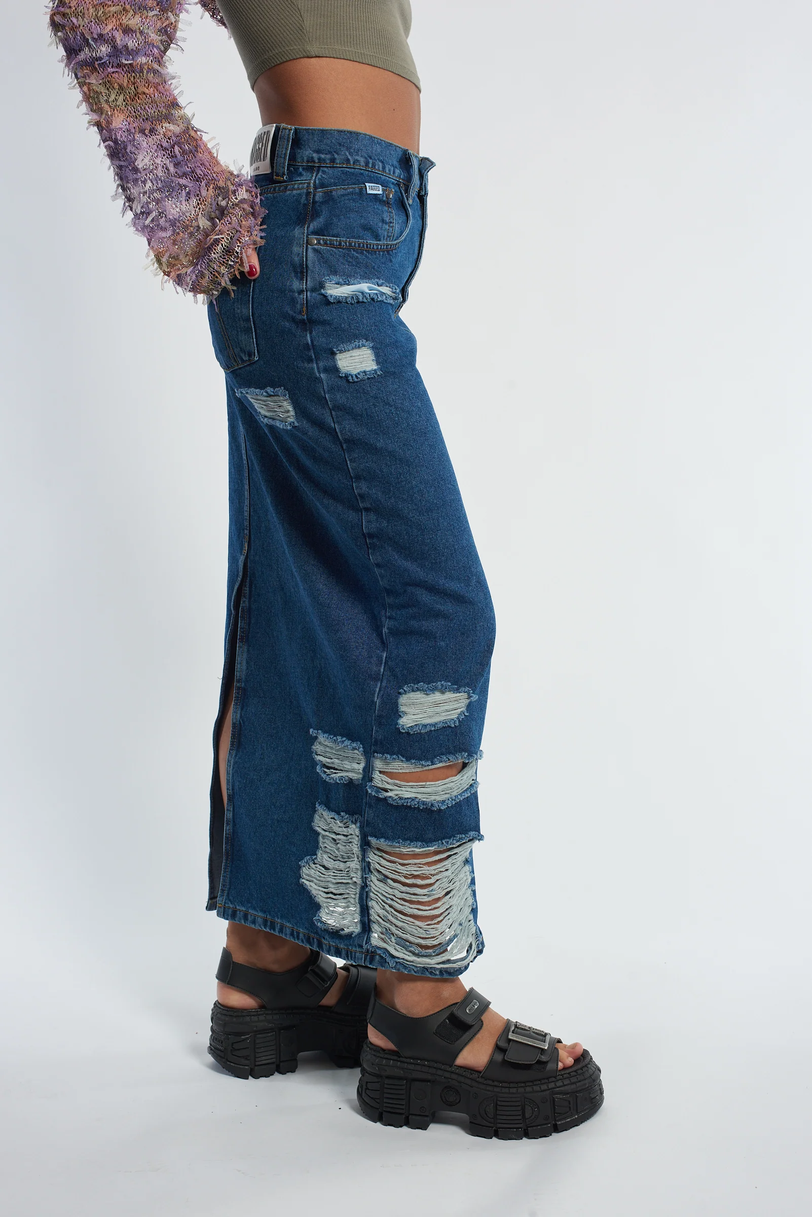 Shredder Distressed Denim Maxi Skirt - Image 3