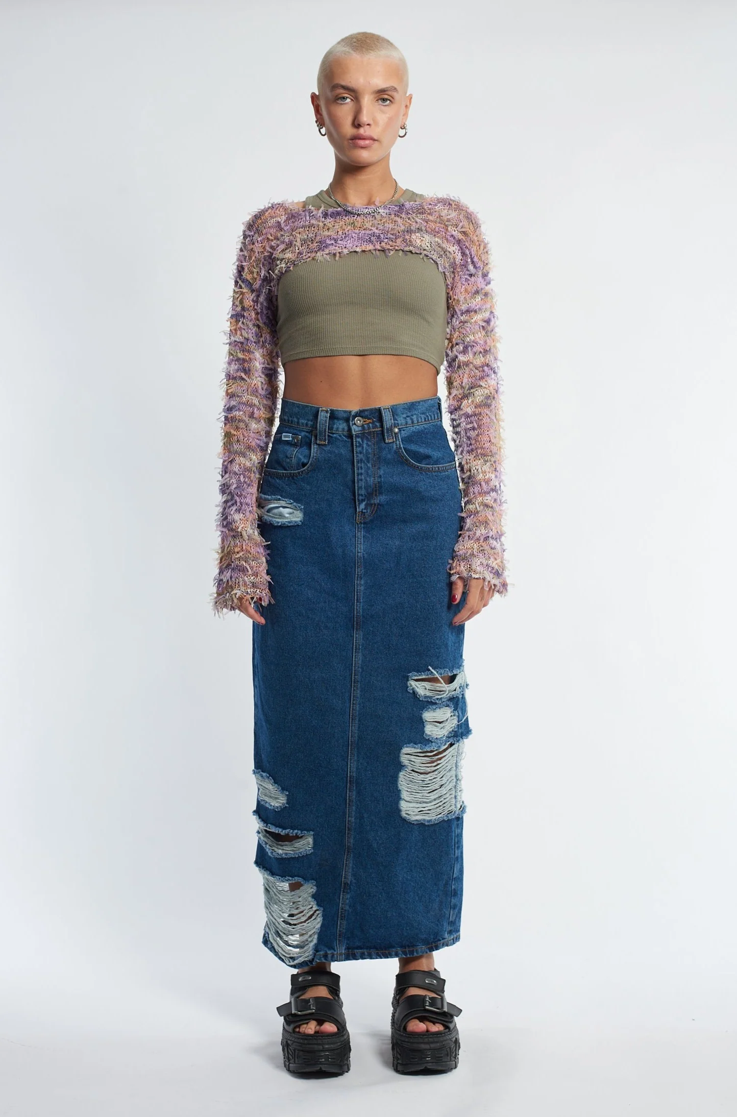 Shredder Distressed Denim Maxi Skirt - Image 9